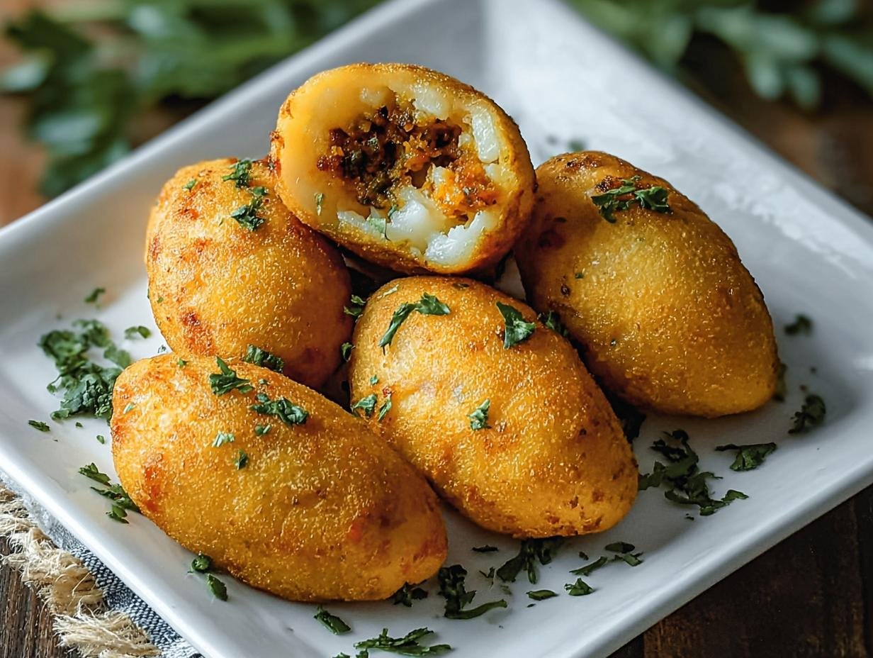 Colombian Papas Rellenas: 1 Divine Bite - Close-up of golden brown Colombian Papas Rellenas