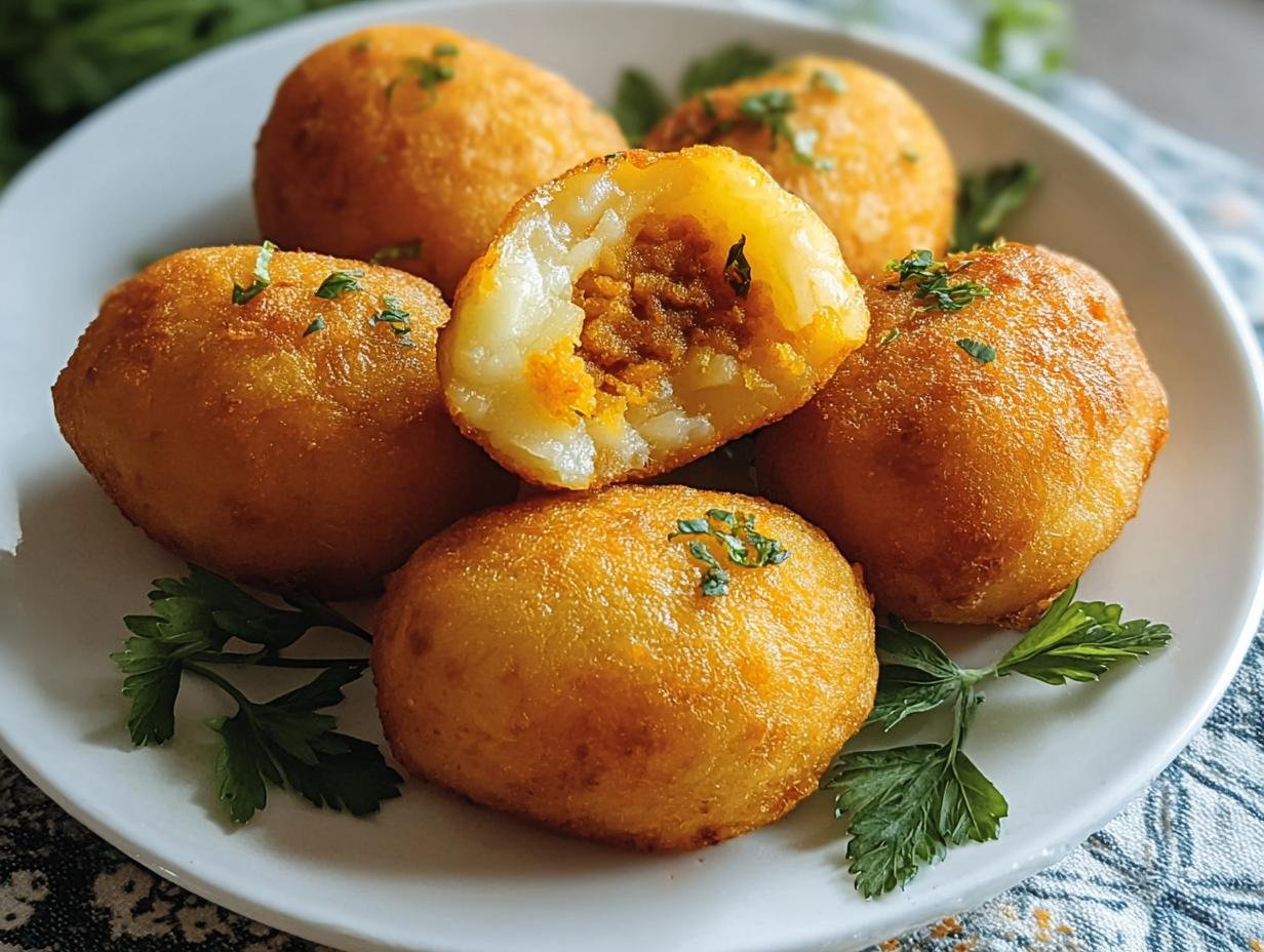 Colombian Papas Rellenas: 1 Divine Bite - Platter of freshly fried Colombian Papas Rellenas
