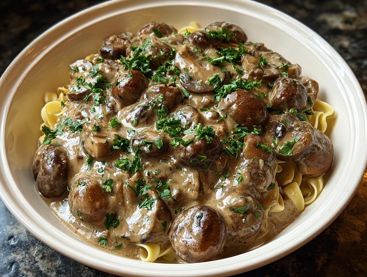 Slow Cooker Mushroom Stroganoff: Comfort Food Made Easy - Sautéed mushrooms and onions in a skillet