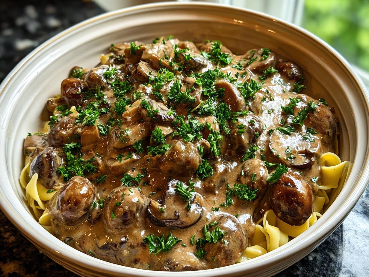 Slow Cooker Mushroom Stroganoff: Comfort Food Made Easy - Close-up of creamy stroganoff sauce