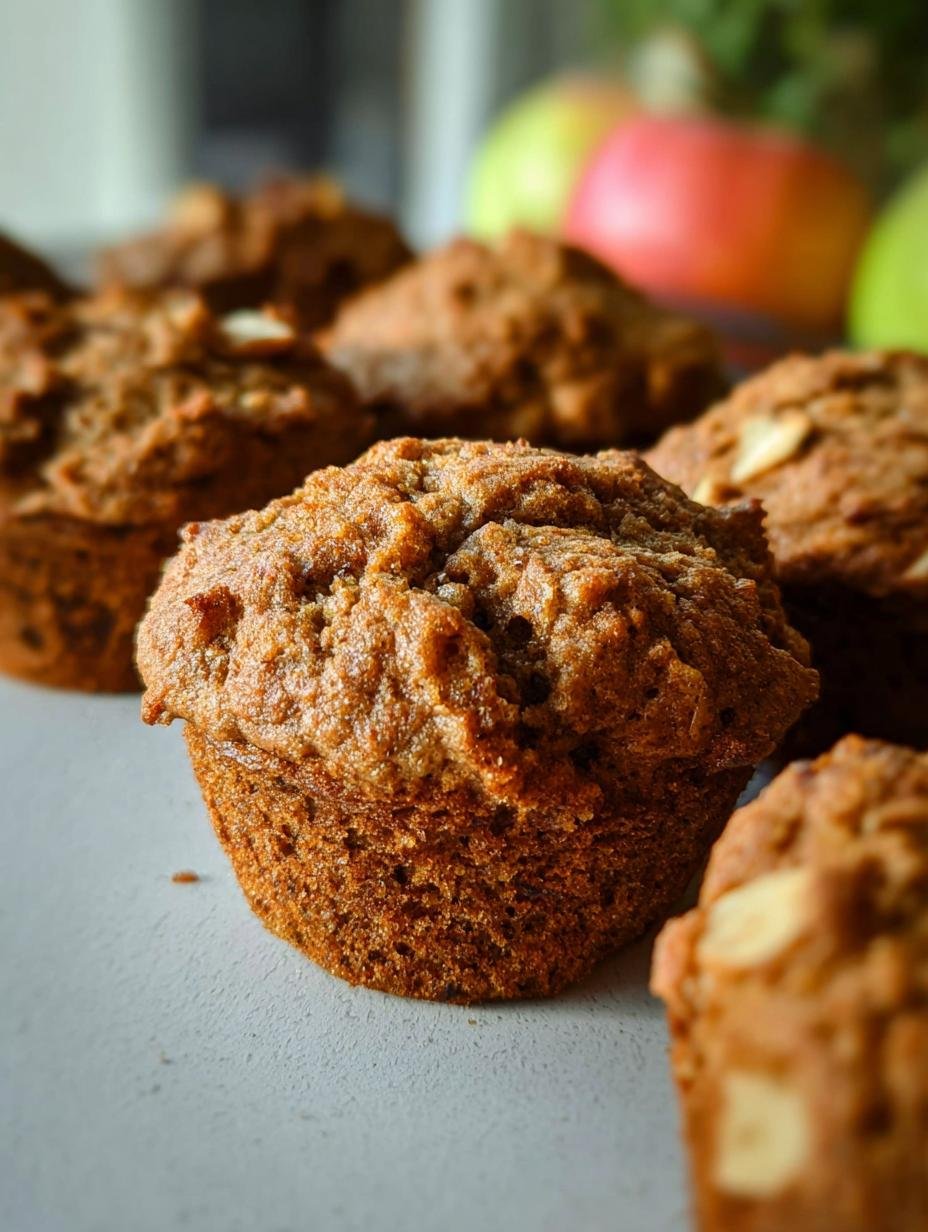 Close-up of a freshly baked Apple Cinnamon All Bran muffin, showing its moist texture and apple pieces