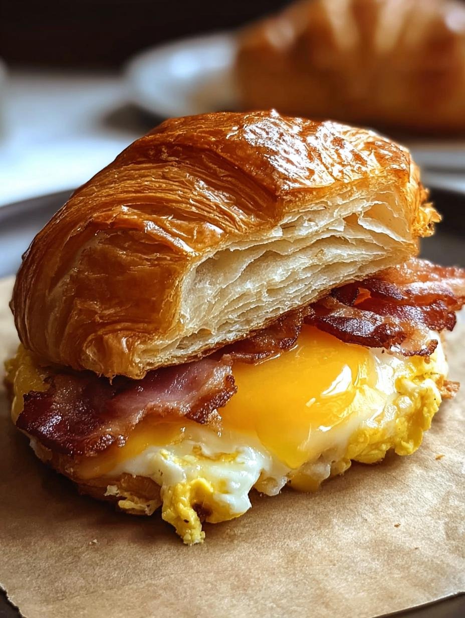 Close-up of a Bacon Egg Cheese Croissant showing crispy bacon, fluffy egg, and melted cheddar cheese