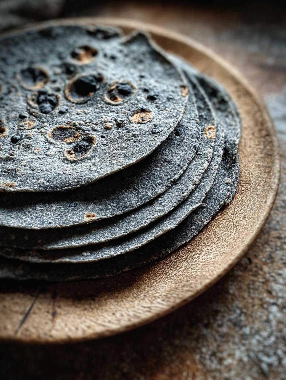 Delicious stack of freshly made Blue Corn Tortillas on a rustic wooden board, ready to be served