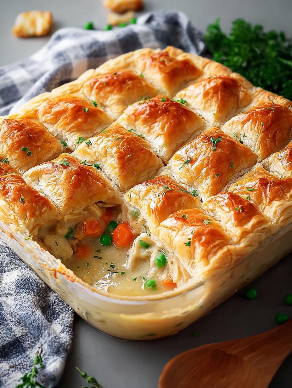 Close-up of a serving of Amazing Chicken Pot Pie Bake with a golden biscuit topping, showcasing the creamy filling