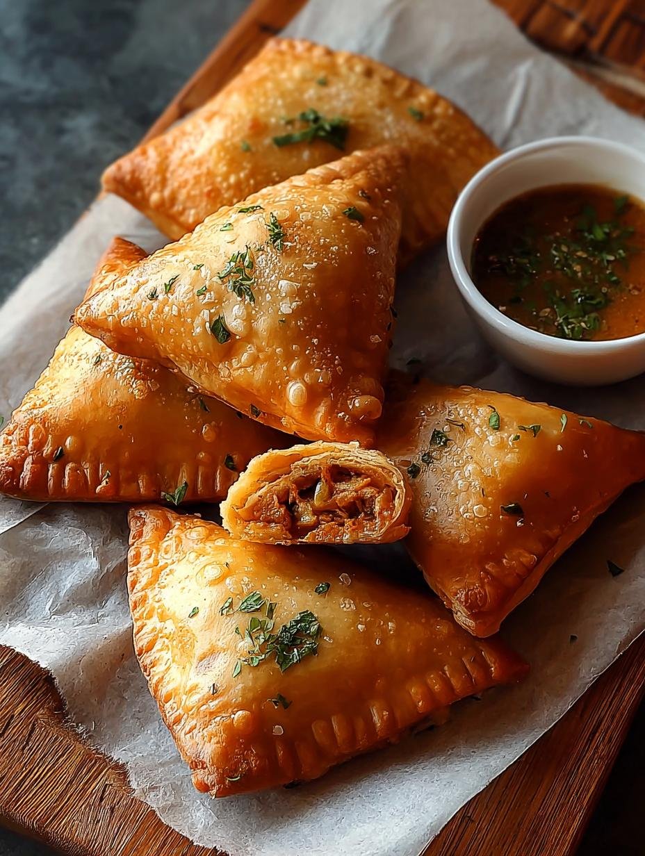 A close-up of a perfectly fried Chicken Samosa, showing its crispy exterior and the rich, spiced chicken filling inside