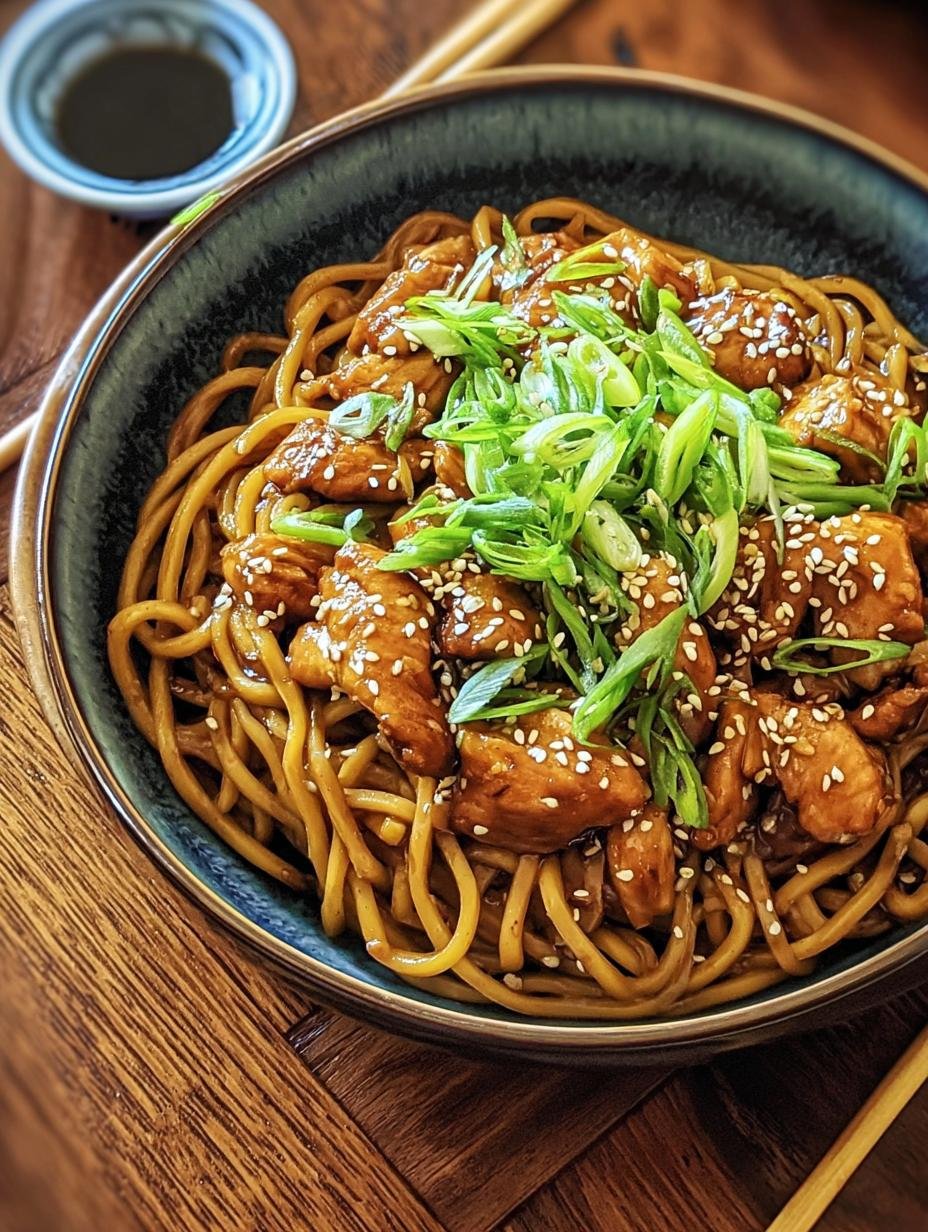 Delicious Chicken Teriyaki Noodles in a bowl with chopsticks, ready to eat