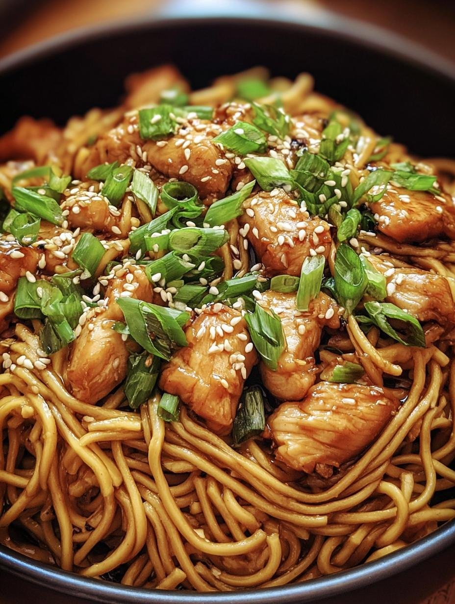 Close-up of glossy Chicken Teriyaki Noodles with chicken and green onions