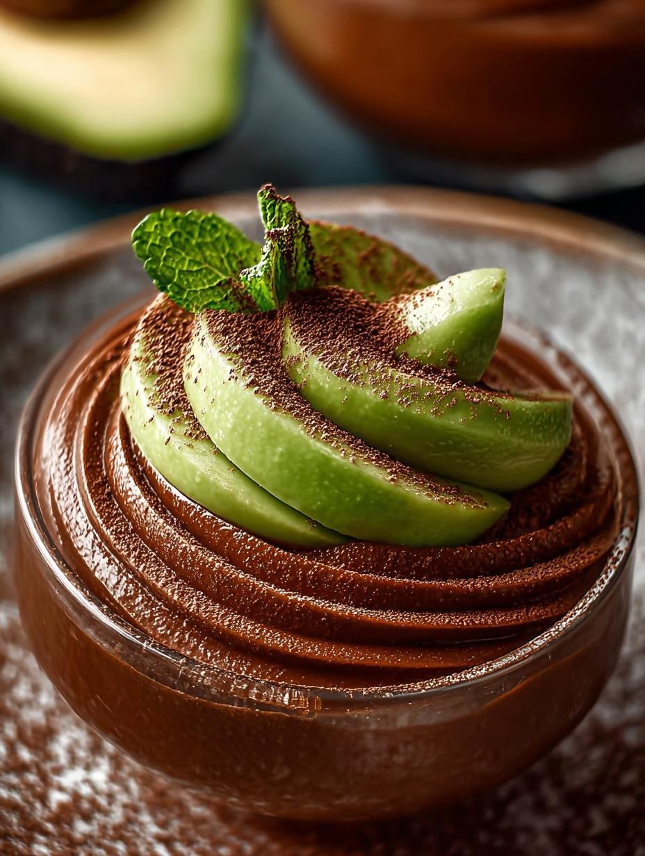 Irresistible Chocolate Avocado Mousse served in elegant glasses, garnished with fresh raspberries and mint leaves, ready to be enjoyed as a healthy dessert.