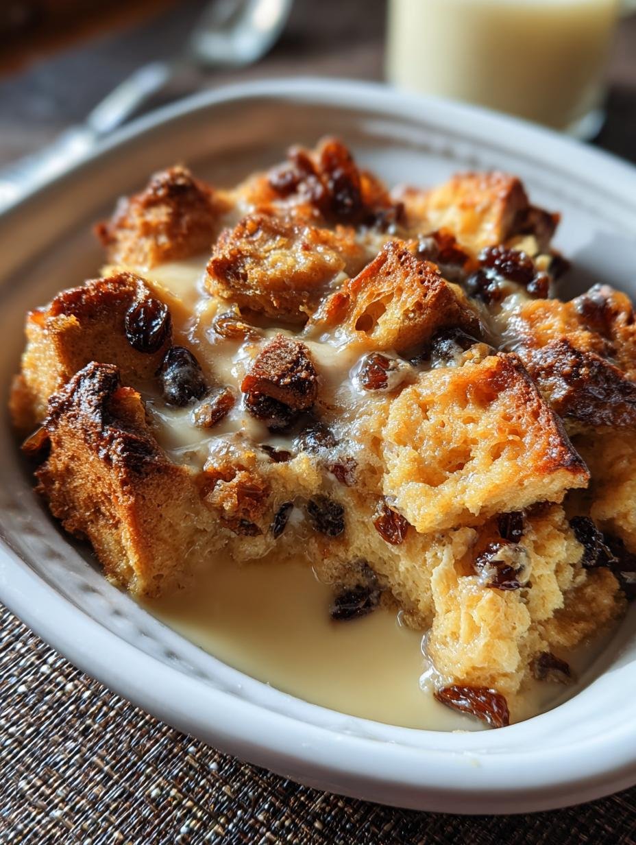 Close-up of a single serving of Cinnamon Raisin Bread Pudding, topped with a sweet glaze and a sprinkle of cinnamon