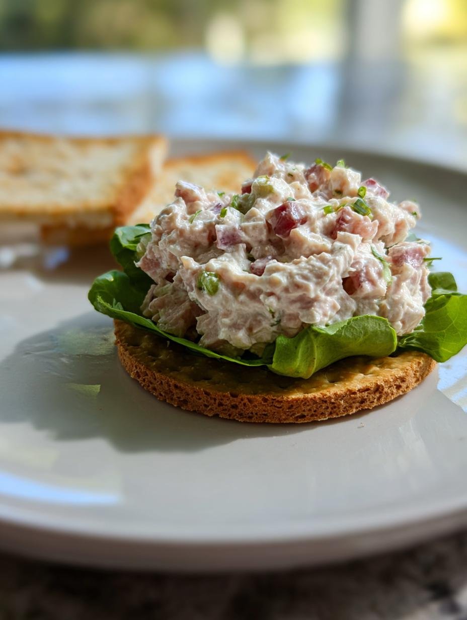 Delicious Country Style Ham Salad served on a plate with crackers and fresh parsley, showcasing its creamy texture and savory appeal.