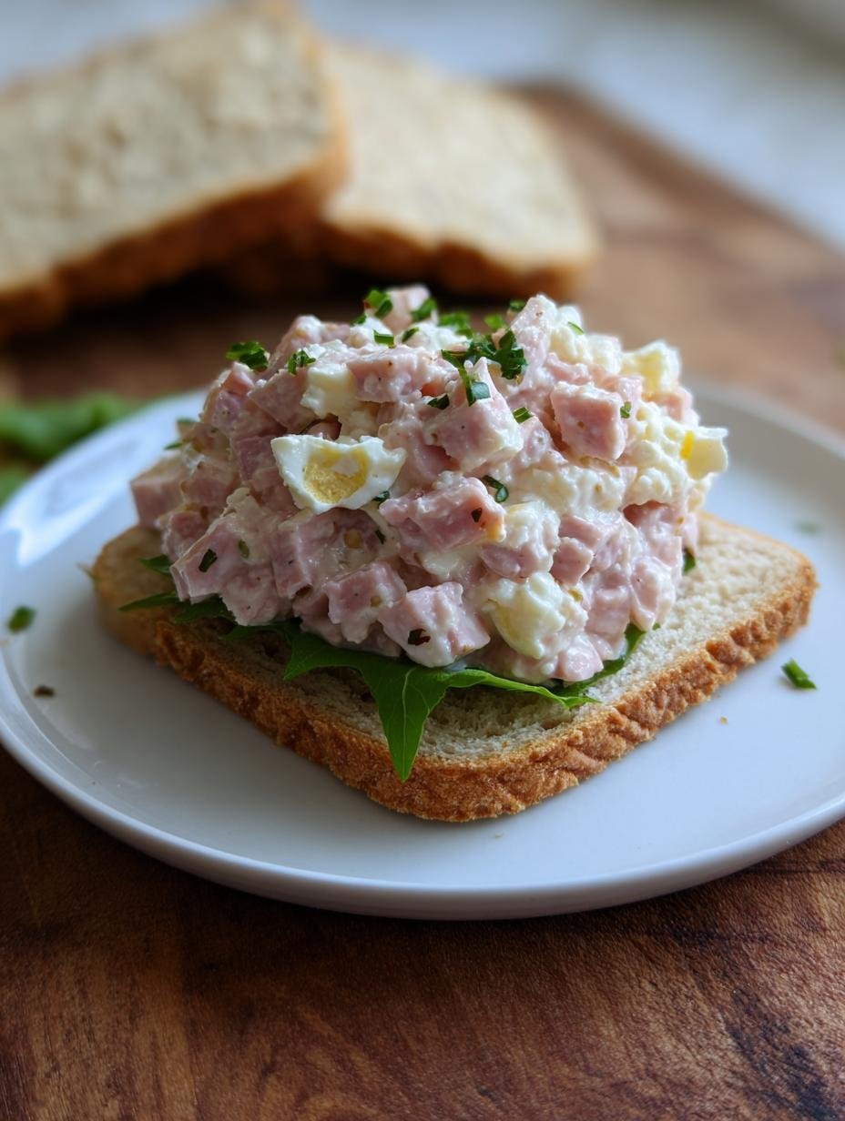 Close-up of Country Style Ham Salad in a bowl, garnished with fresh herbs, ready to be served with bread or crackers.