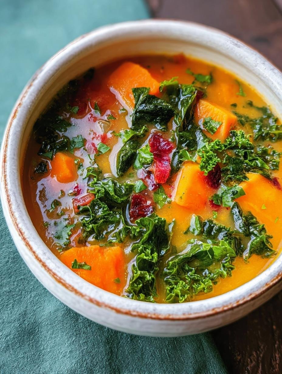 Amazing Detox Soup: 220 Calories & Power Reset - A close-up of a steaming bowl of detox soup, showcasing the texture of sweet potatoes, kale, and kidney beans.
