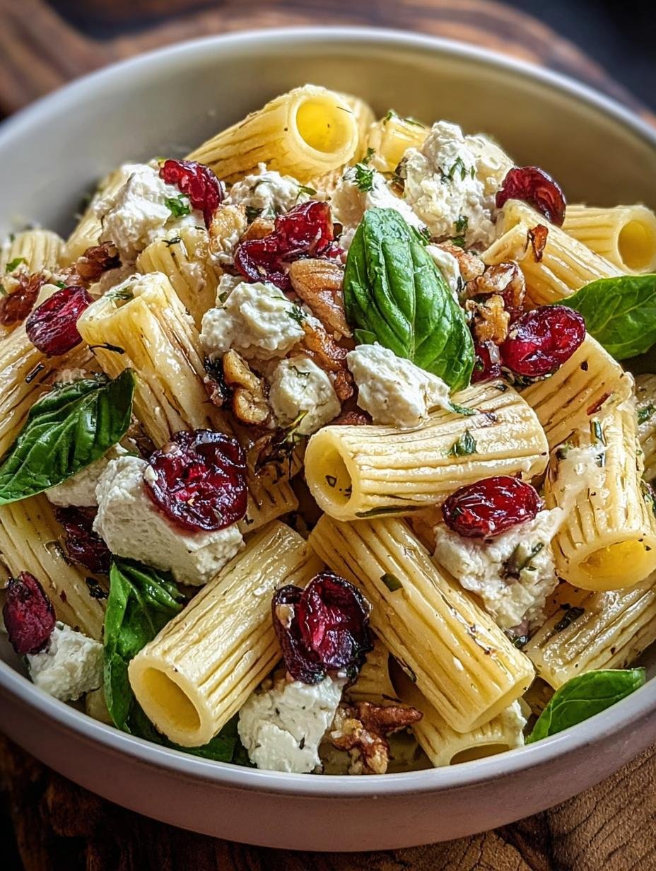 Vibrant Feta Cranberry Rigatoni Salad in a large white bowl, garnished with fresh spinach and a lemon wedge