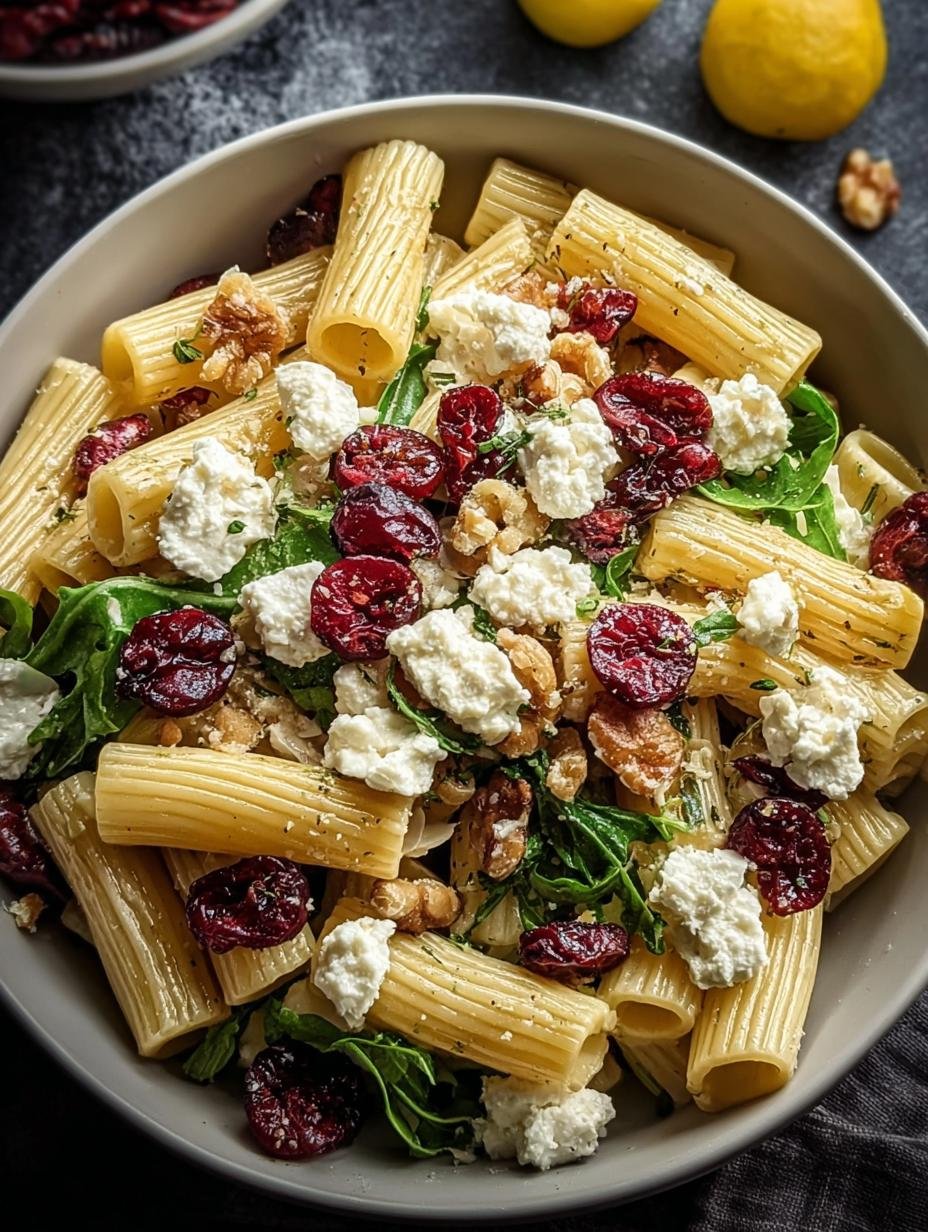 Close-up of Feta Cranberry Rigatoni Salad showing the texture of rigatoni, crumbled feta, and dried cranberries