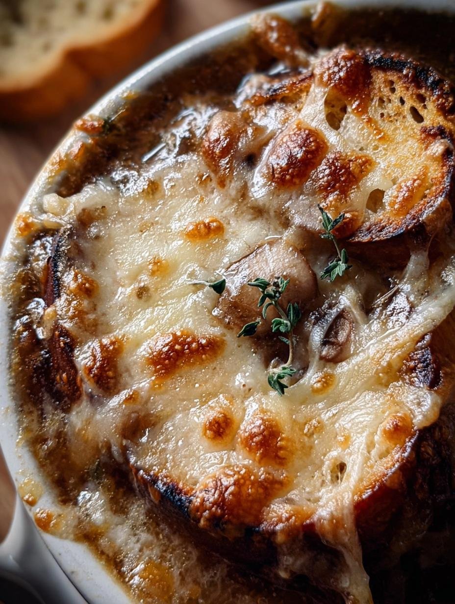 Rich French Onion Mushroom Soup in a rustic bowl, topped with melted Gruyère cheese and a slice of toasted baguette