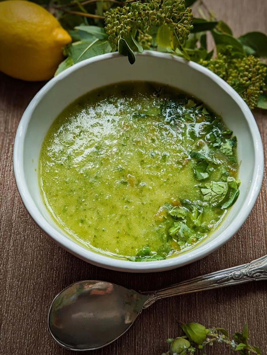Vibrant Green Detox Soup in a white bowl with fresh herbs, ready to be enjoyed as a healthy meal