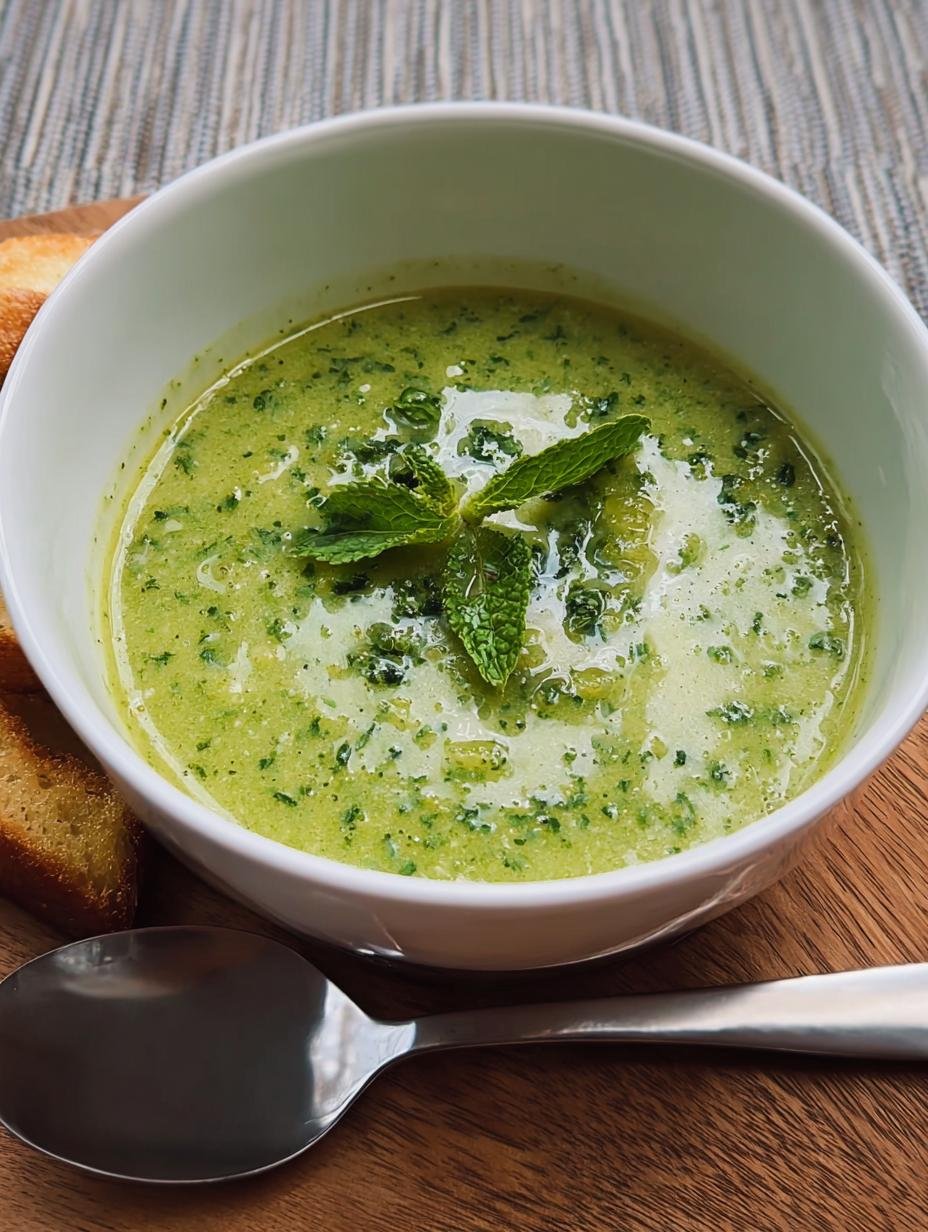 Close-up of creamy Green Detox Soup garnished with fresh parsley and a swirl of olive oil