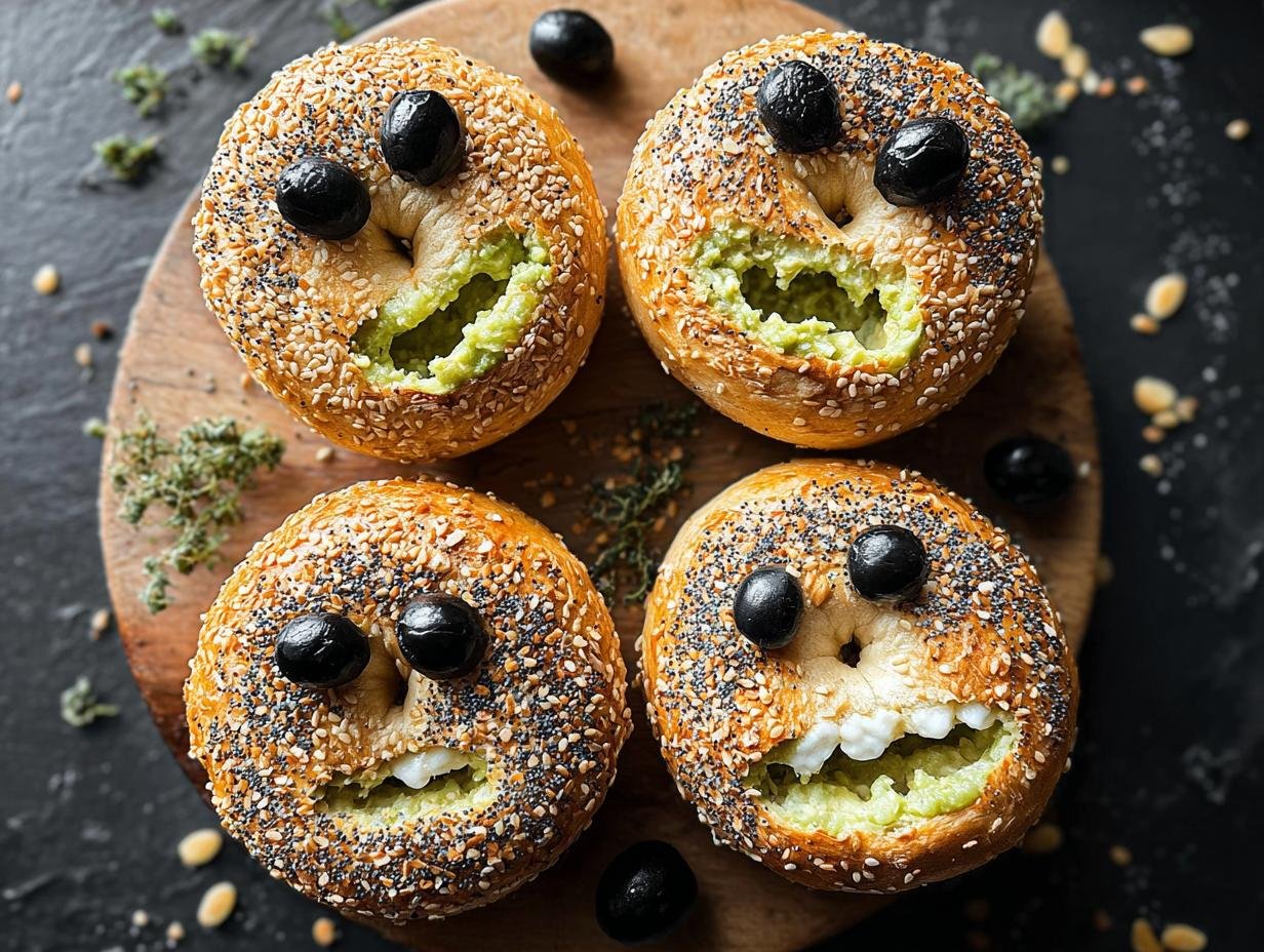 Halloween Breakfast Ideas: 8 Spooky Monster Bagels - Close-up of a decorated monster bagel