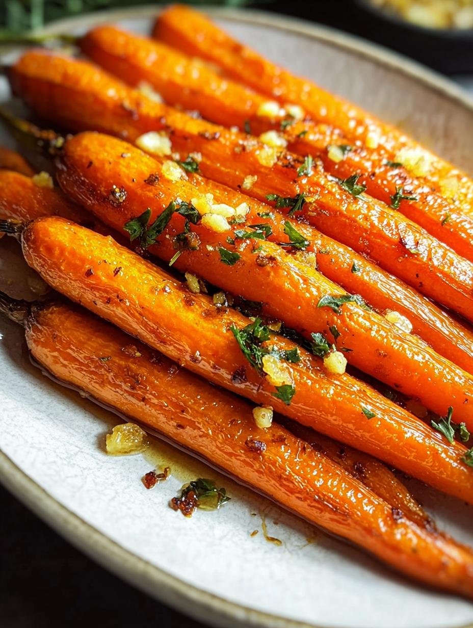 Close-up of perfectly roasted Honey Roasted Carrots with a golden-brown glaze and fresh parsley garnish