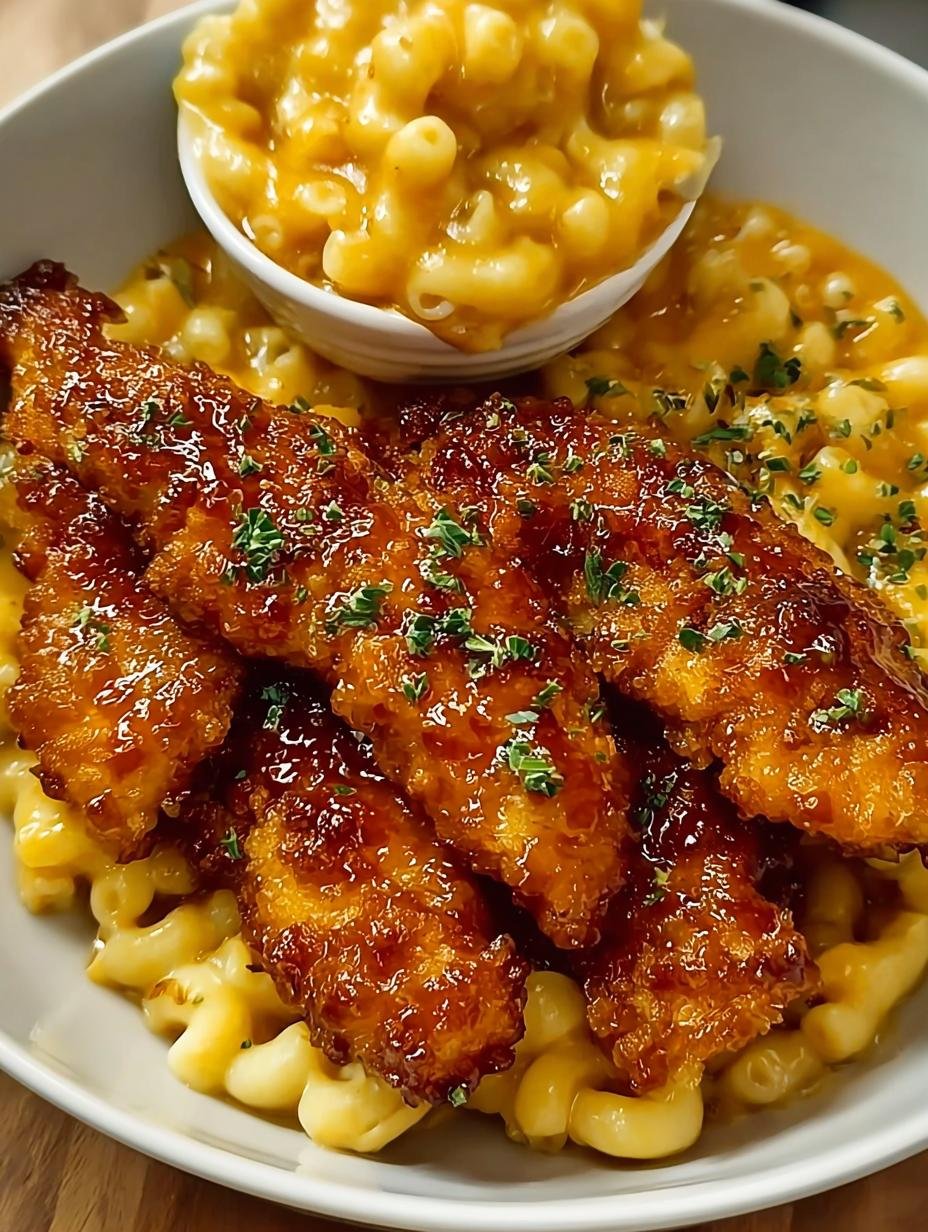 Deliciously crispy Hot Honey Chicken Tenders coated in a sweet and spicy glaze, served on a plate with a side of mac and cheese.