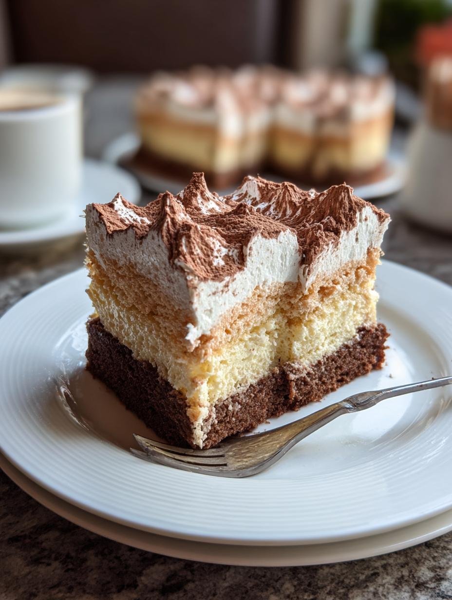 Delicious slice of Italian Love Cake with chocolate cake, creamy ricotta, and fluffy topping on a white plate
