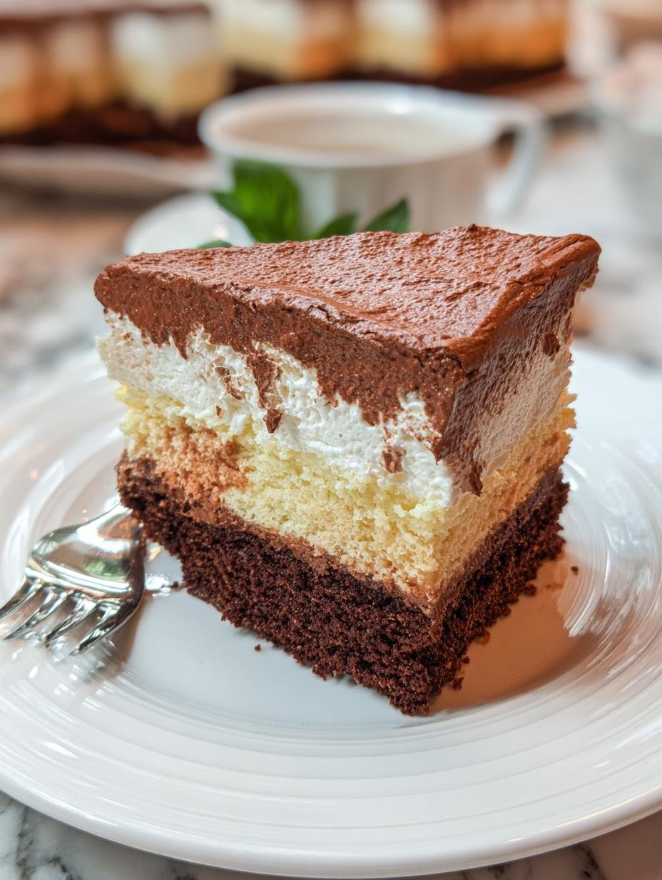 Close-up of a whole Italian Love Cake, showing the distinct layers of chocolate cake, creamy ricotta, and chocolate topping