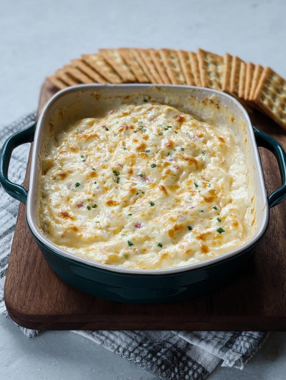 Delicious Jarlsberg Cheese Dip One in a white bowl with crackers, ready to be served, showcasing its creamy texture and fresh herbs.