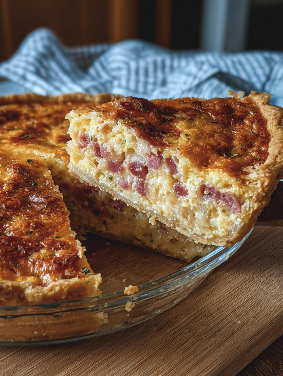 A close-up of a slice of Magic Impossible Ham Swiss, showing the fluffy texture and melted Swiss cheese, perfect for a comforting meal.