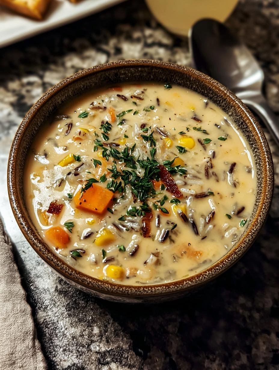 Delicious and creamy Minnesota Wild Rice Soup in a white bowl, garnished with fresh parsley, ready to be enjoyed.