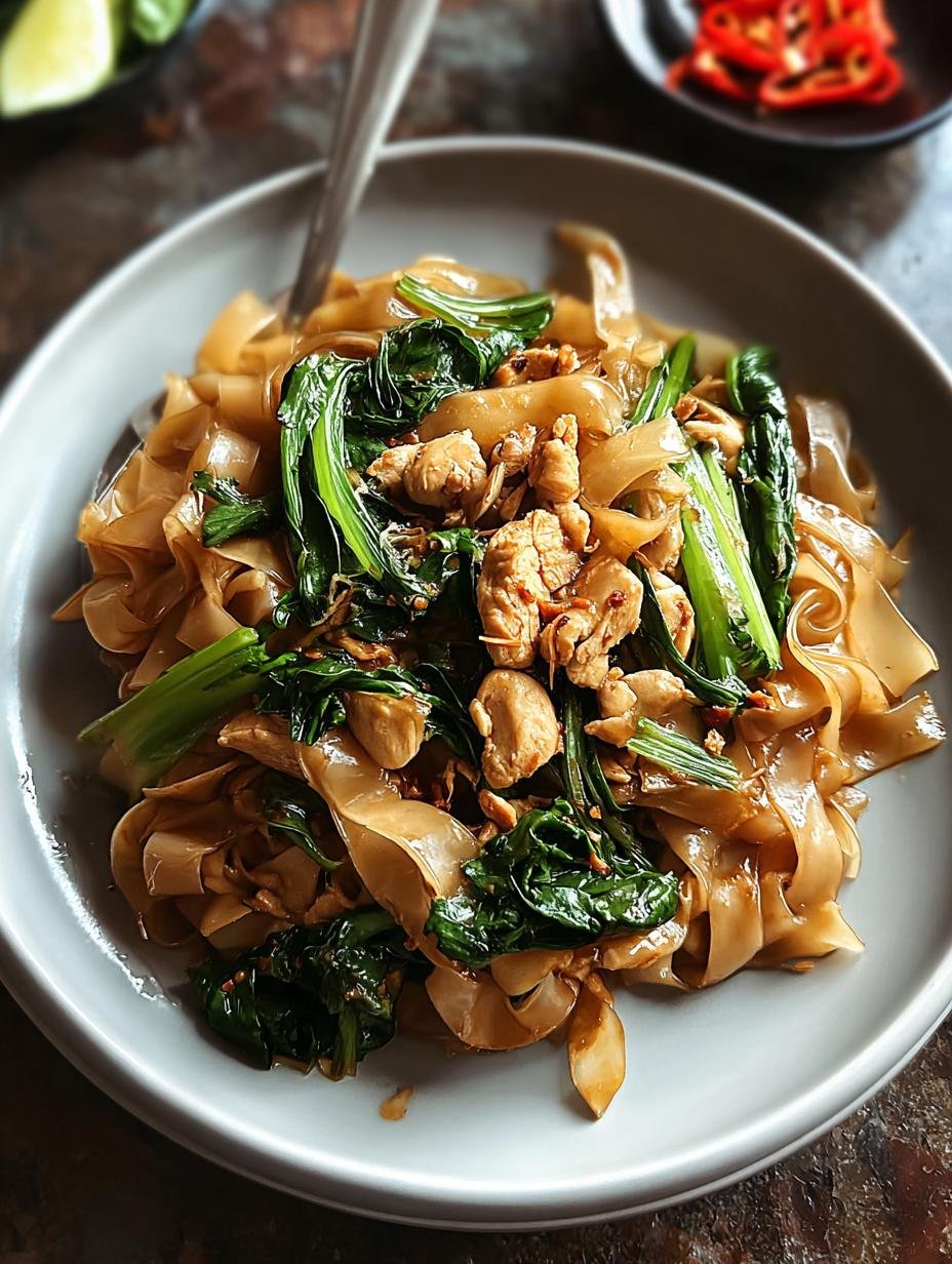 Delicious Pad See Ew with wide rice noodles, chicken, and broccoli in a savory sauce, ready to be enjoyed.
