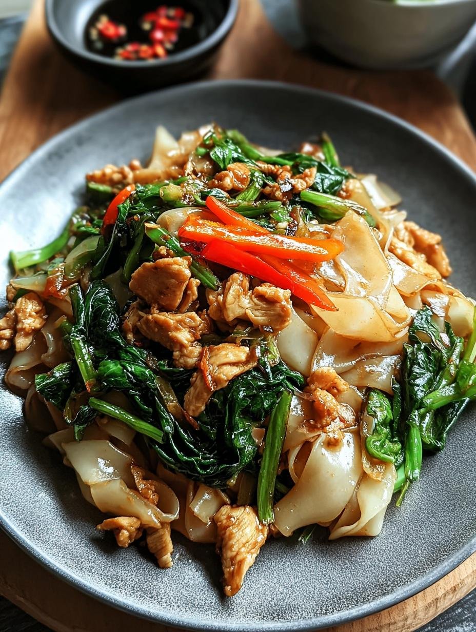 Close-up of Pad See Ew cooking in a wok, showing the wide rice noodles, chicken, and vegetables coated in sauce.