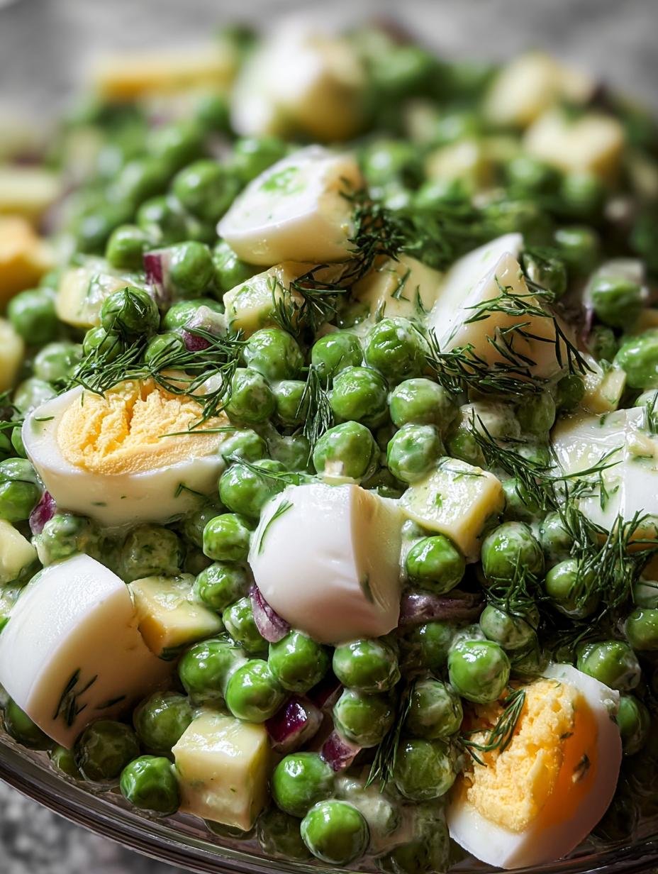 Delicious Pea Salad with crispy bacon and cheddar cheese in a white bowl, ready to be served