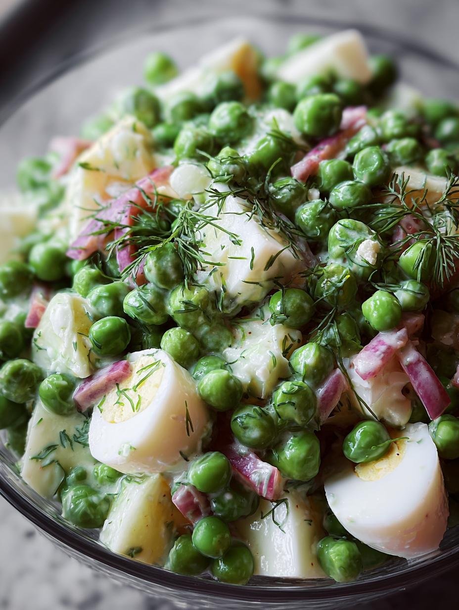 Close-up of a serving of creamy Pea Salad garnished with fresh parsley and extra bacon bits