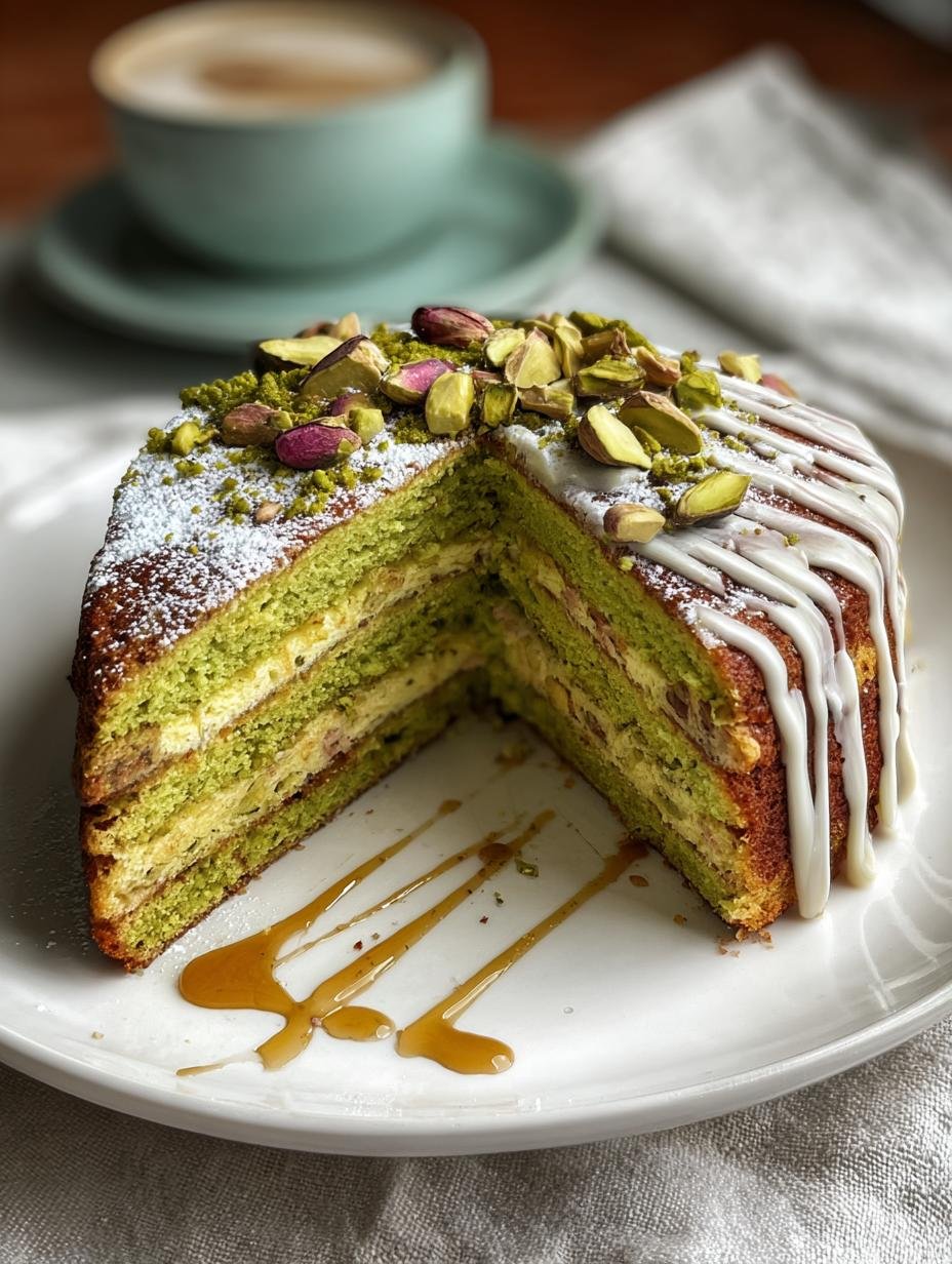 Amazing Pistachio Caprese Cake: 1 Perfect Slice - a close-up of a slice of Pistachio Caprese Cake with powdered sugar