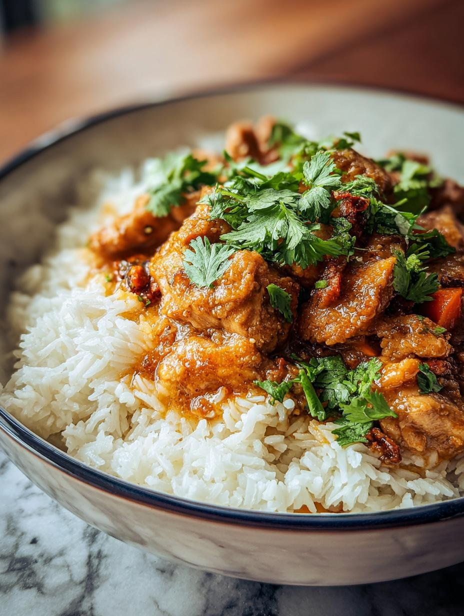 Delicious Slow Cooker Coconut Chicken served over basmati rice with fresh cilantro, ready to eat
