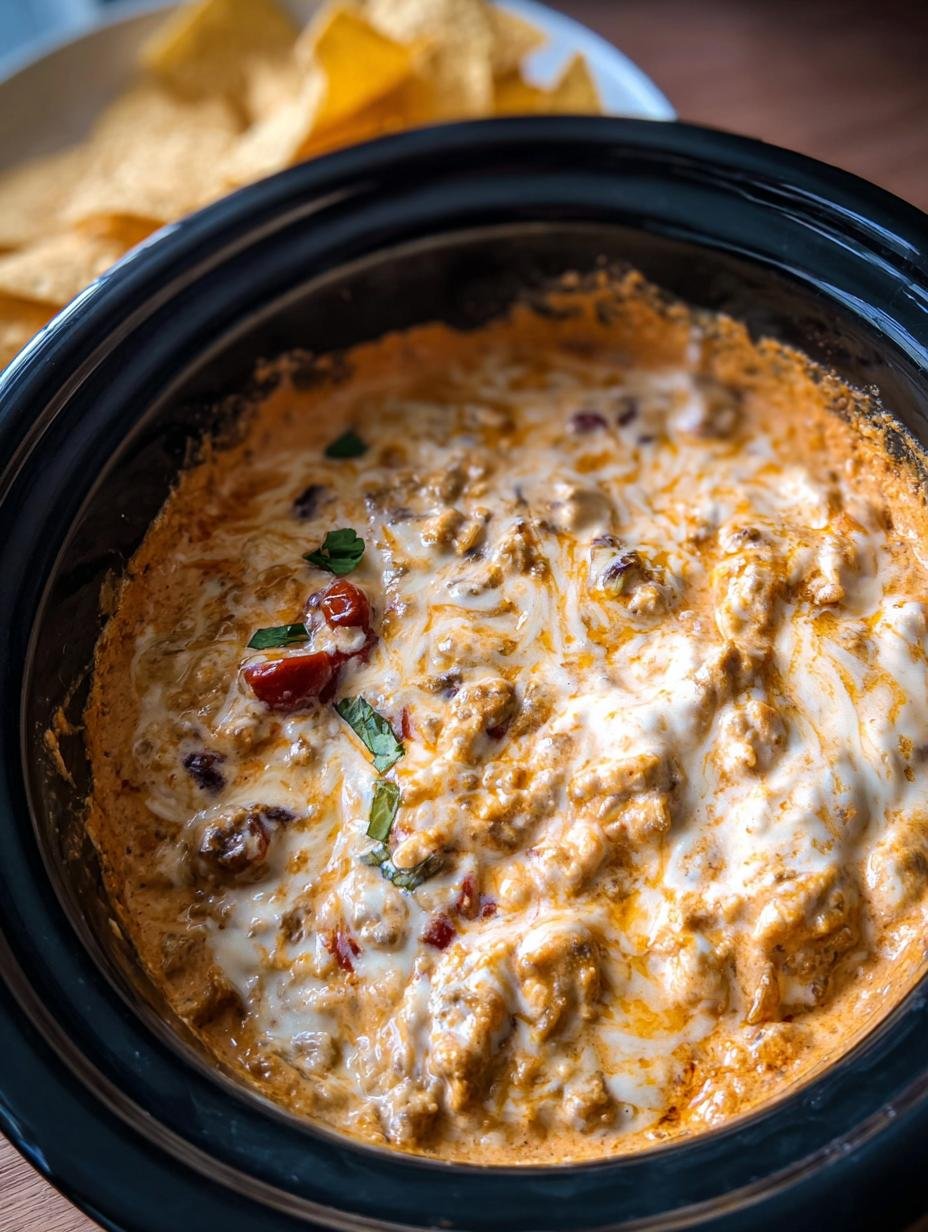 Delicious Slow Cooker Cream Cheese dip bubbling in a crockpot, ready to be served with tortilla chips