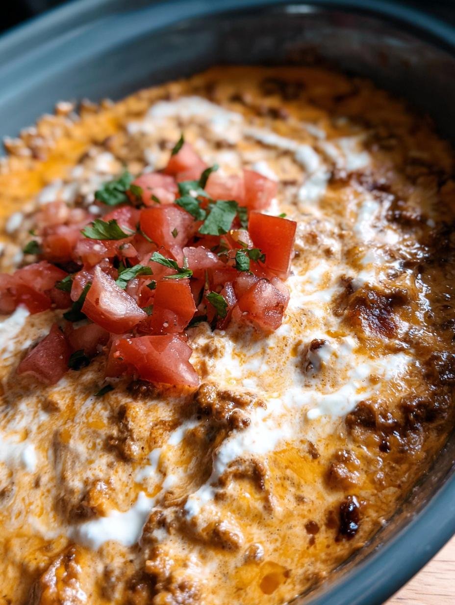 Close-up of creamy Slow Cooker Cream Cheese dip with ground beef and spices, ready for serving