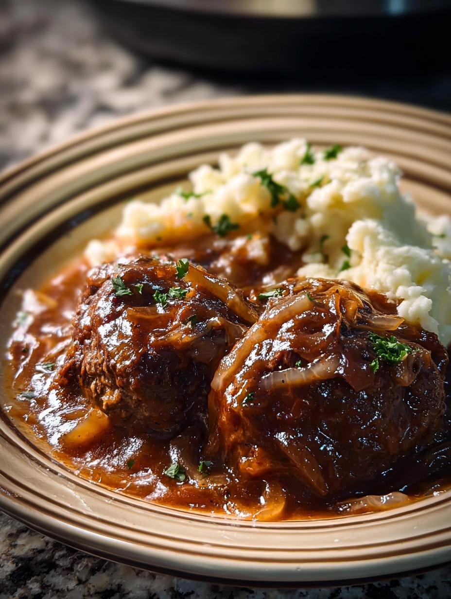 Close-up of Slow Cooker Salisbury Steak served with mashed potatoes and green beans, showcasing the rich gravy