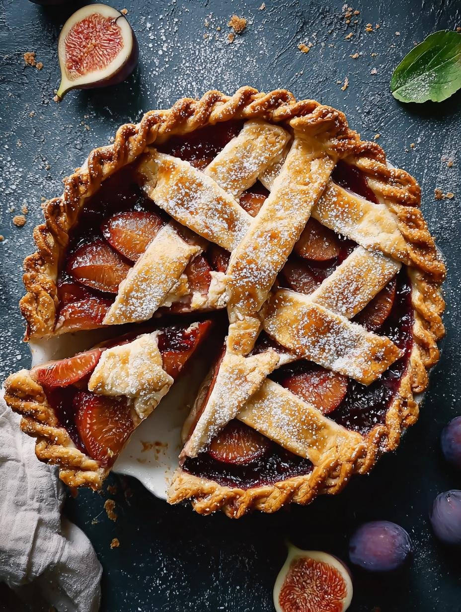 Delicious Spiced Plum Fig Pie with a golden-brown lattice crust, cooling on a wire rack