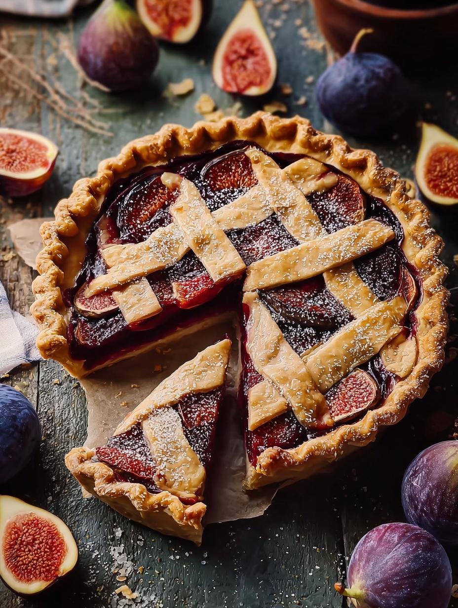 A slice of Spiced Plum Fig Pie on a plate, showing the rich fruit filling and flaky crust