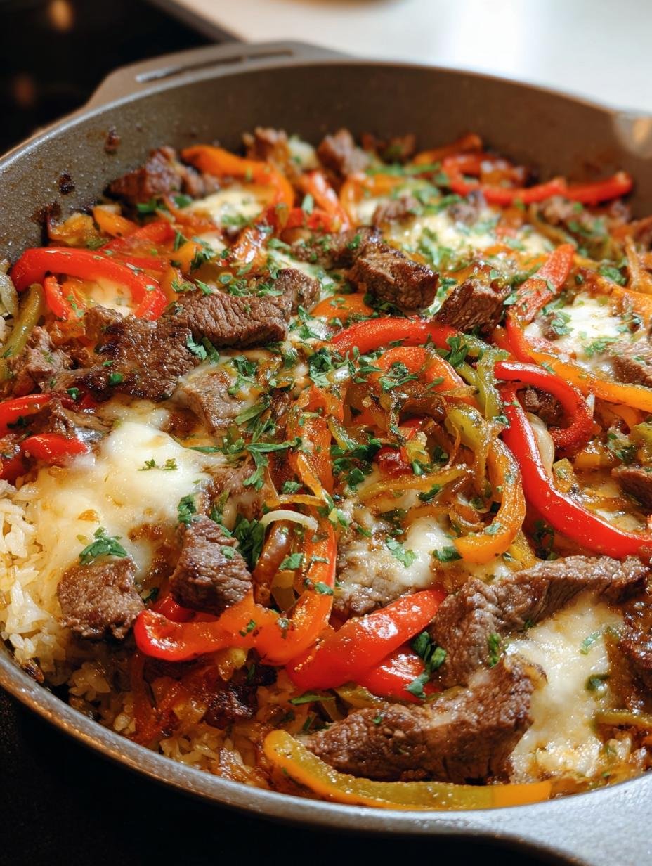 Delicious Steak Fajita Skillet Casserole with melted cheese and fresh cilantro, ready to serve