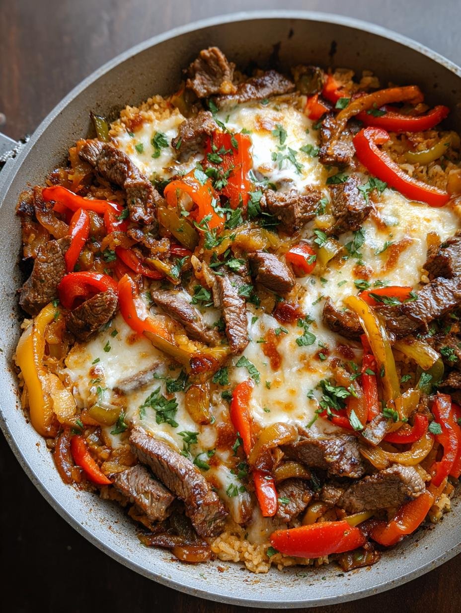 Close-up of Steak Fajita Skillet Casserole with tender steak, colorful peppers, and melted cheese