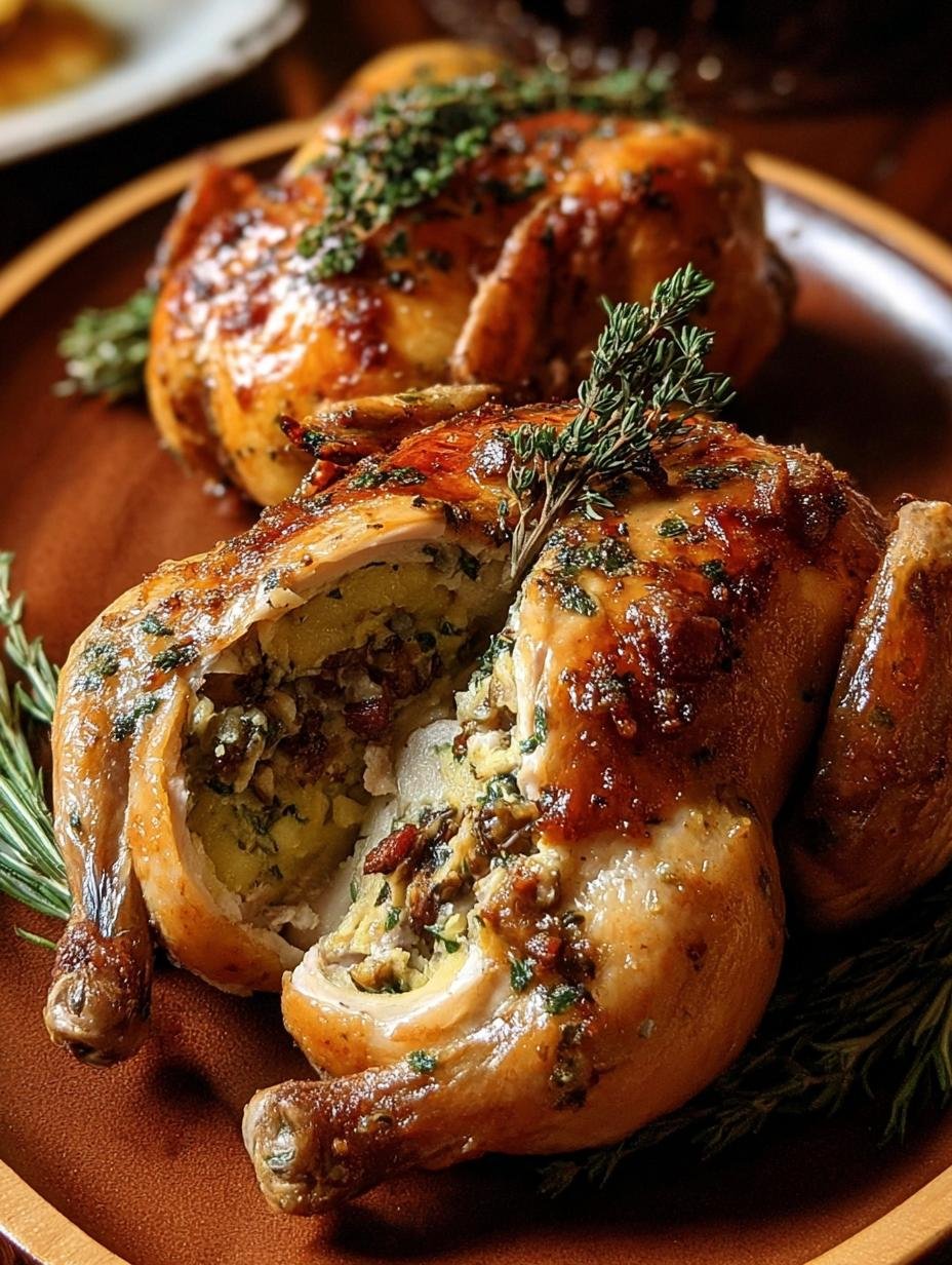 Deliciously roasted Stuffed Cornish Game Hens with golden-brown skin and savory stuffing, ready to serve