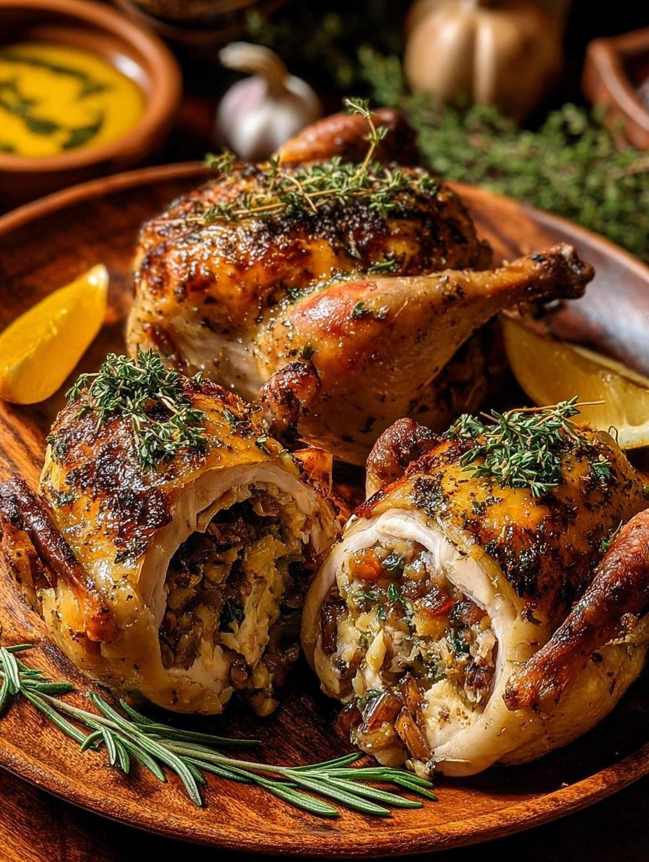 Two perfectly roasted Stuffed Cornish Game Hens on a platter, garnished with fresh herbs, ready for a special dinner