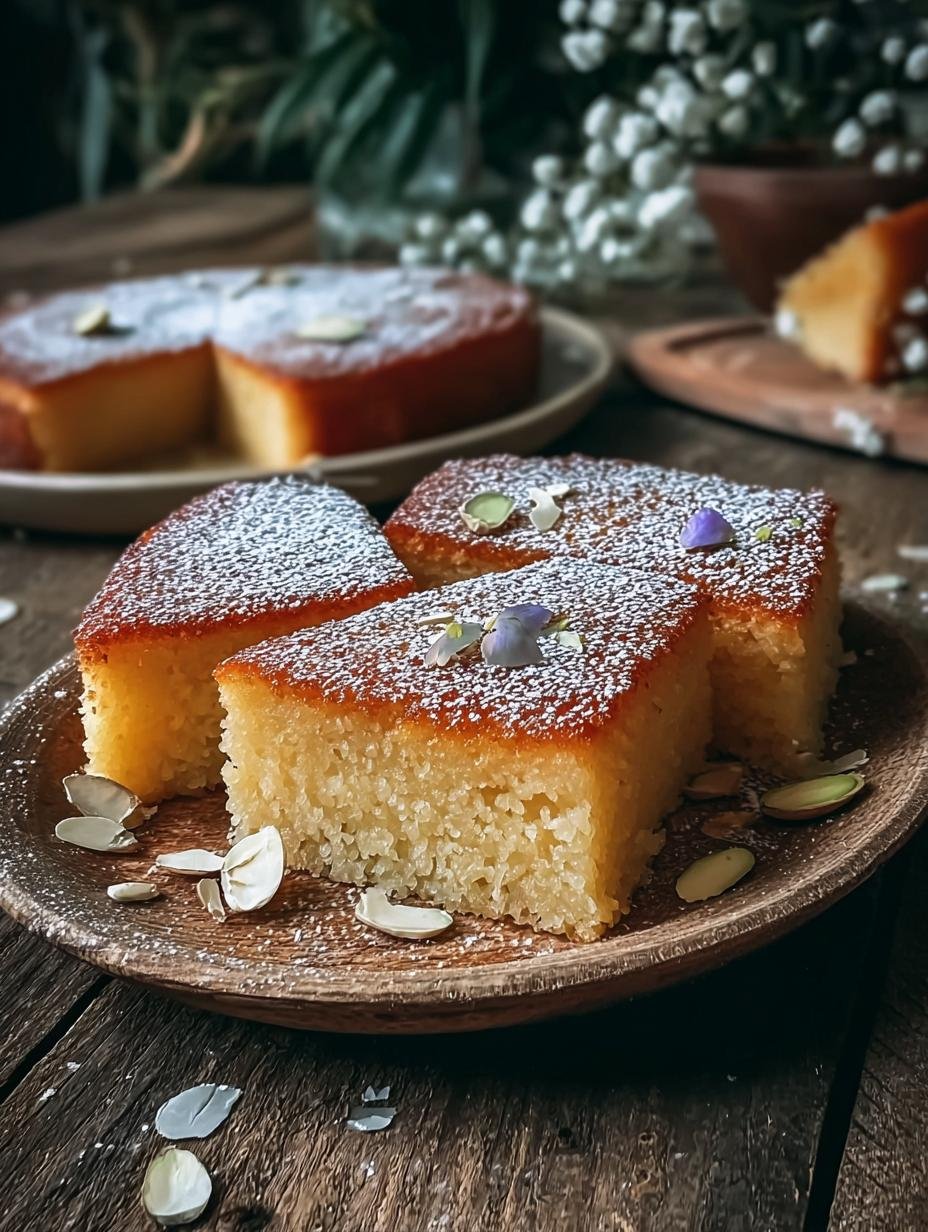 Deliciously moist Sweet Semolina Cake Basbousa with syrup and almond garnish, ready to serve