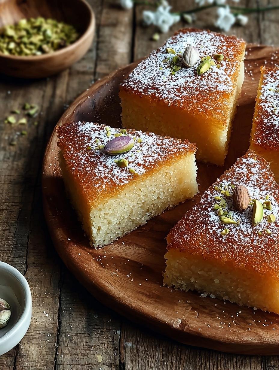 Close-up of a slice of Sweet Semolina Cake Basbousa, showing its moist texture and golden crust