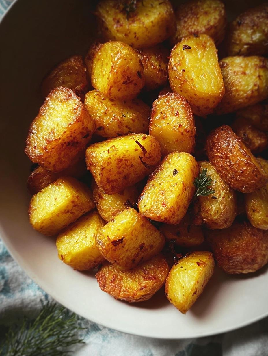 Golden crispy Turmeric Potatoes in a serving bowl with fresh herbs