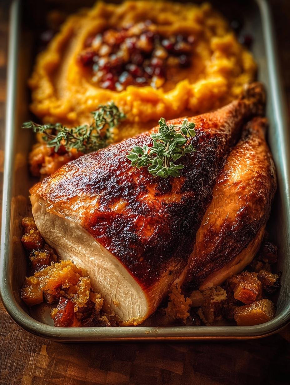 Beautifully plated slices of roasted turkey with creamy pumpkin purée and fresh herbs, perfect for a Unique Thanksgiving