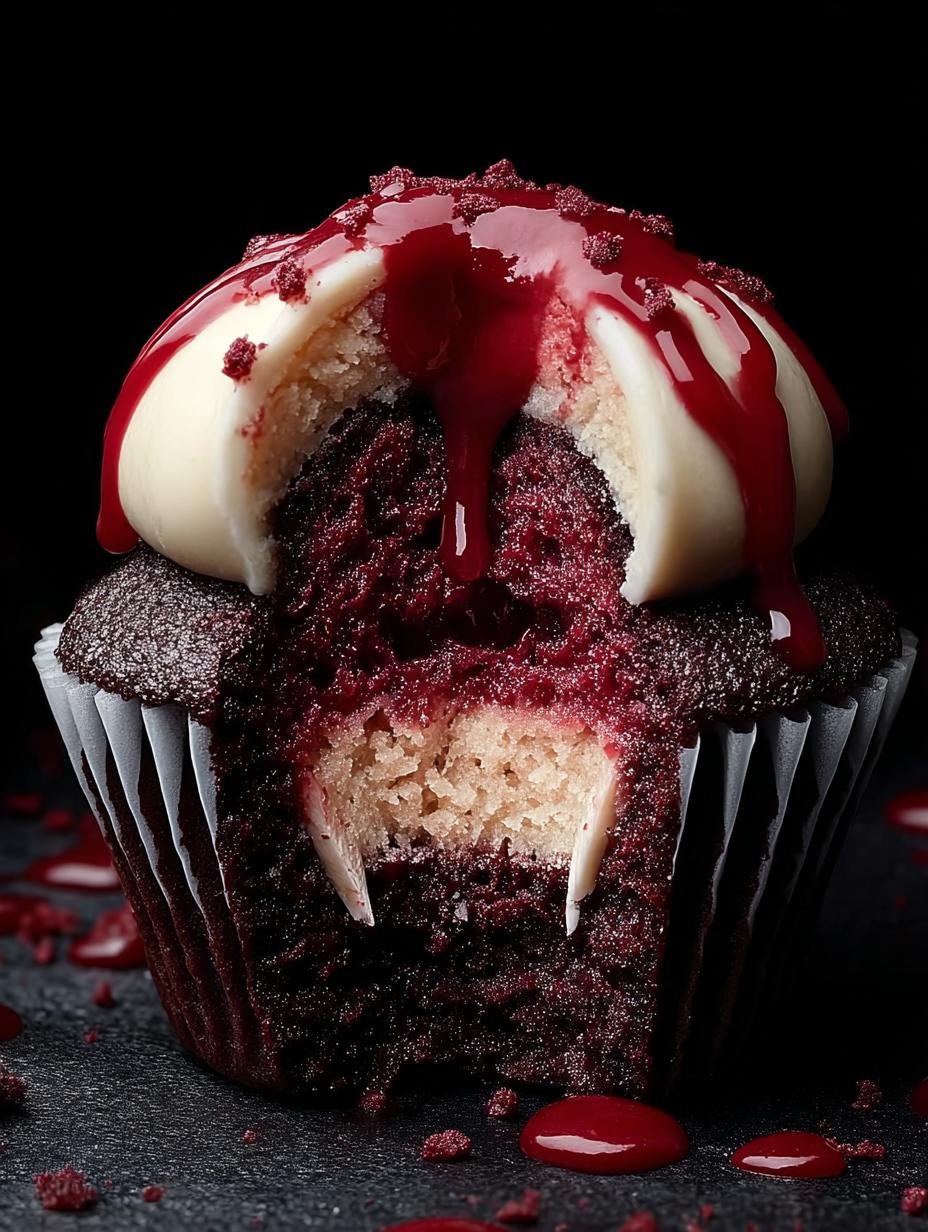 Delicious Vampire Bite Halloween Cupcakes with red velvet cake and creamy frosting, ready for a spooky party
