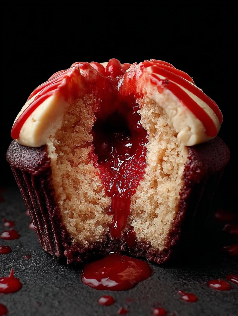 Close-up of a Vampire Bite Halloween Cupcake showing the red 'blood' filling and candy fangs